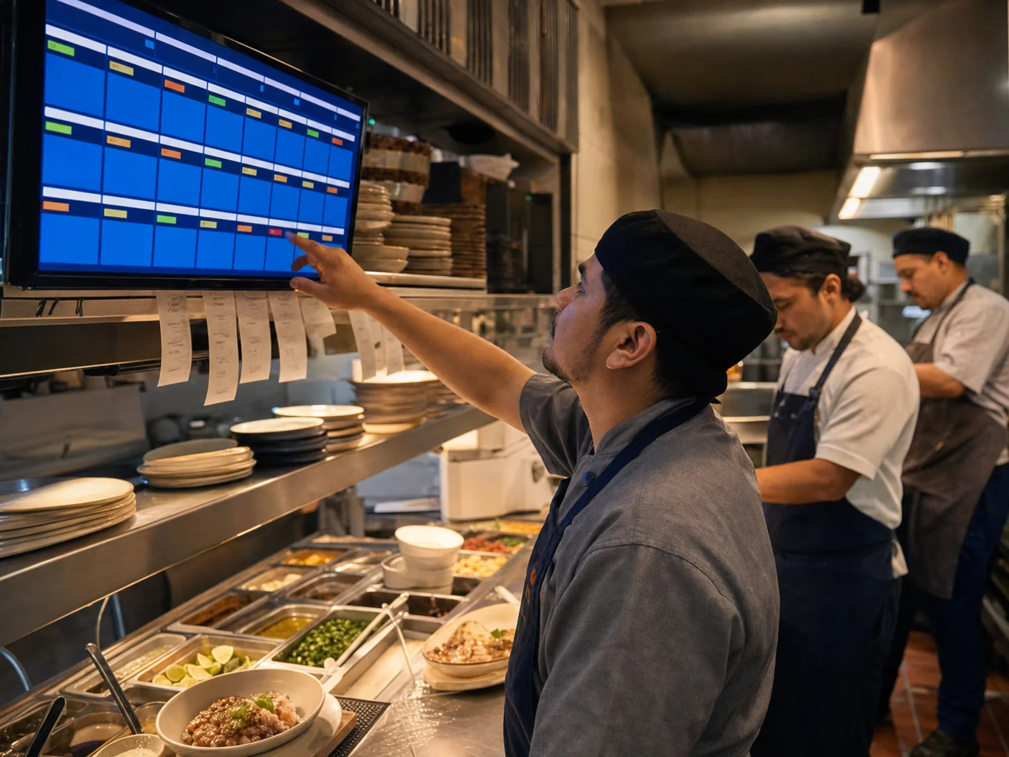 Cocina de restaurante con pantalla de pedidos y equipo preparando comida.